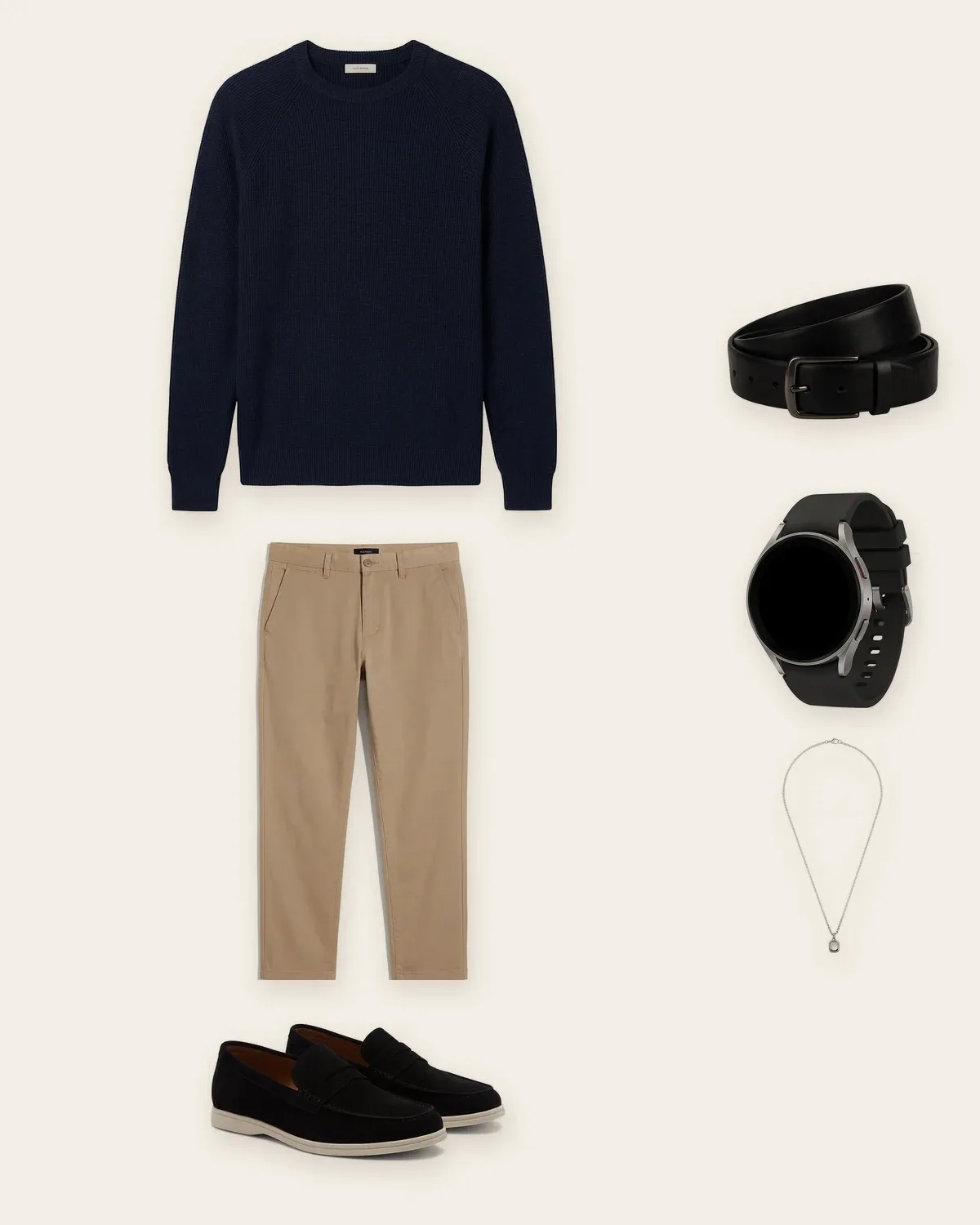 Navy crew-neck sweater, tan chinos and black suede loafers